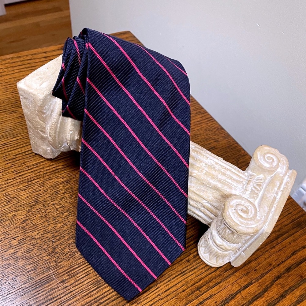 Paul Fredrick Men Silk Tie Navy Blue Pink Diagonal Repp Stripe Hand Tailored USA
